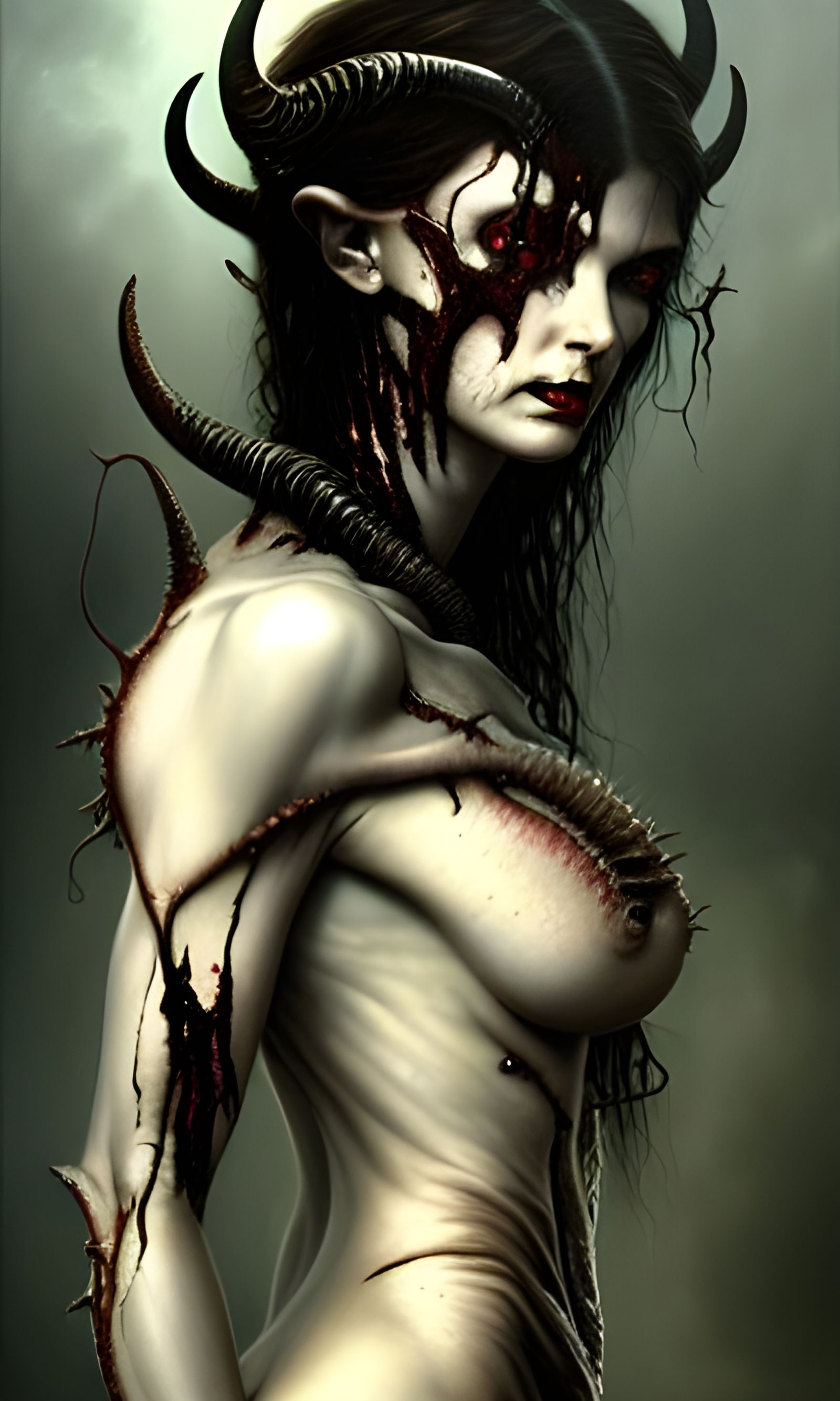 Monstrous Succubus with Horns and Torn Flesh