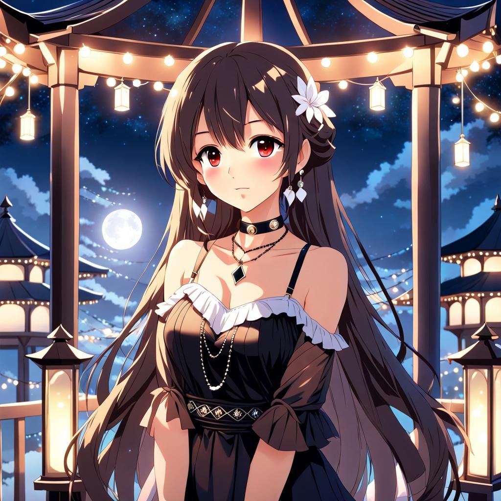 Anime Style Woman Gazing at Moonlight