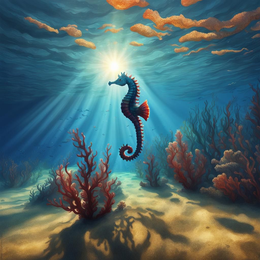 Giant Red Seahorse in Realistic Underwater Scene