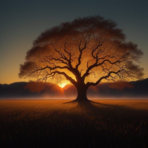 Ancient Oak Tree at Fiery Sunset, Ethereal Golden Light