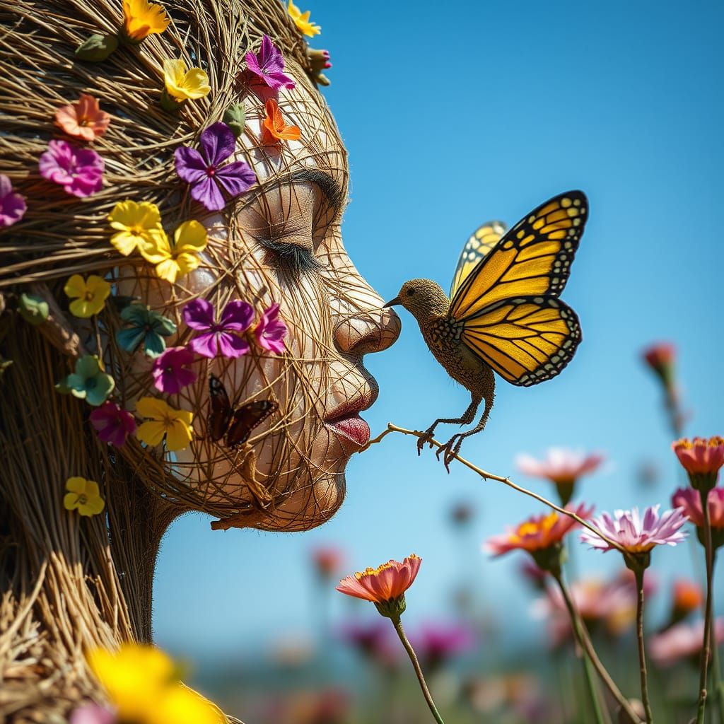 Woman of Strings Kissing Butterfly Bird Eco-Art