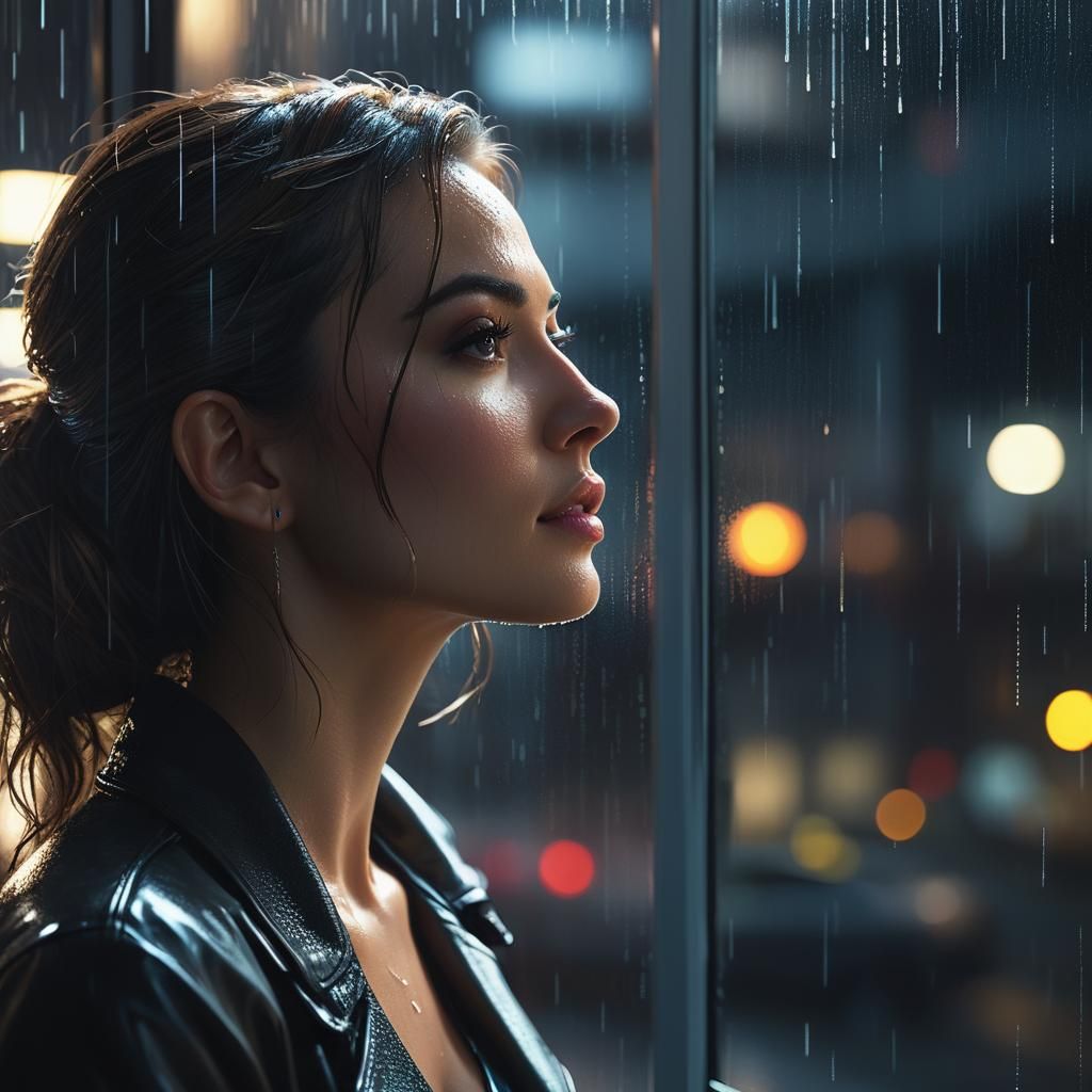 Rainy City Portrait of a Young Woman