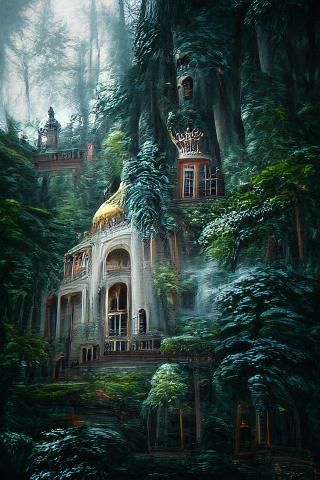 Beautiful Palace in Forest: Holographic Astral Illustration