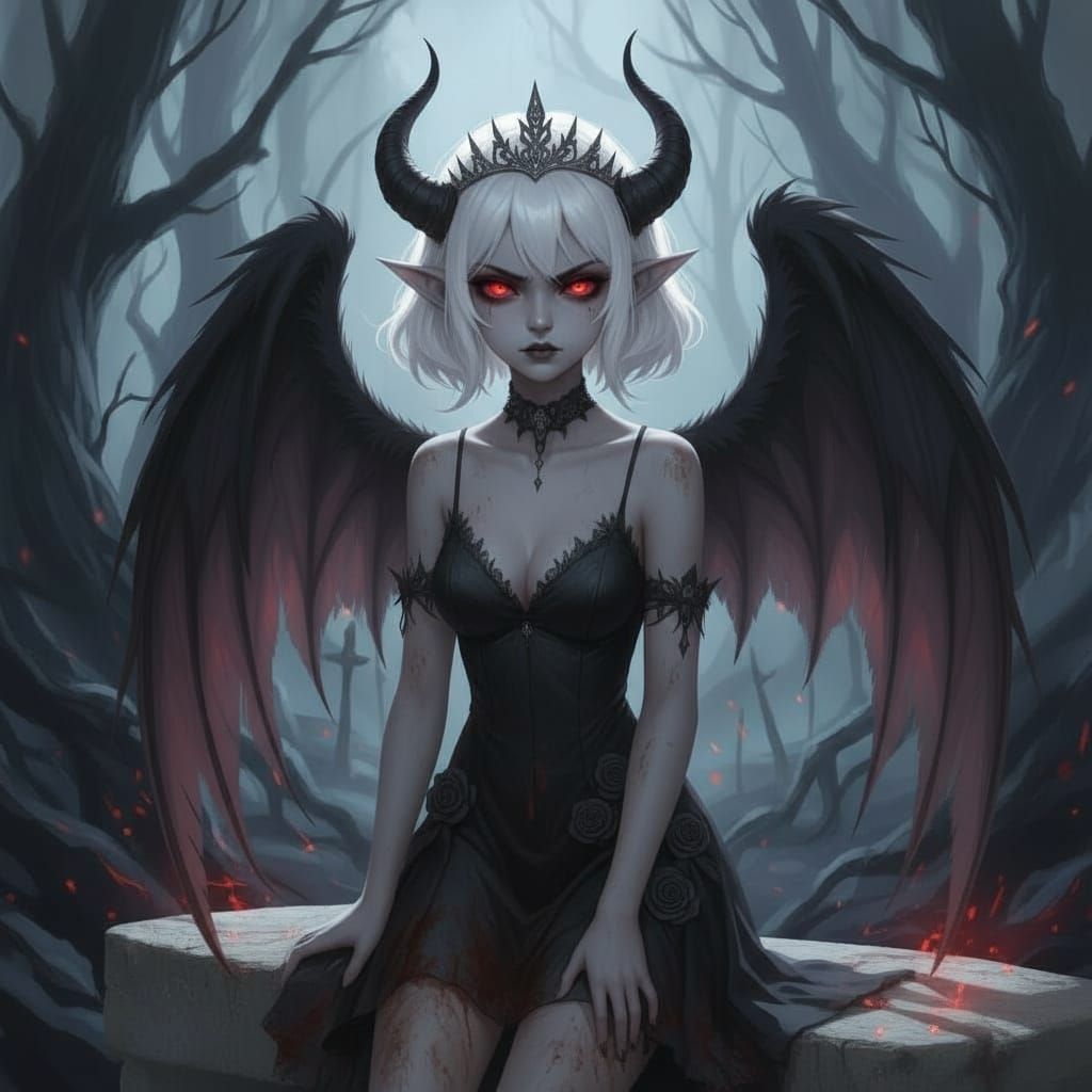 Dark Fantasy Character with Glowing Red Eyes and Wings