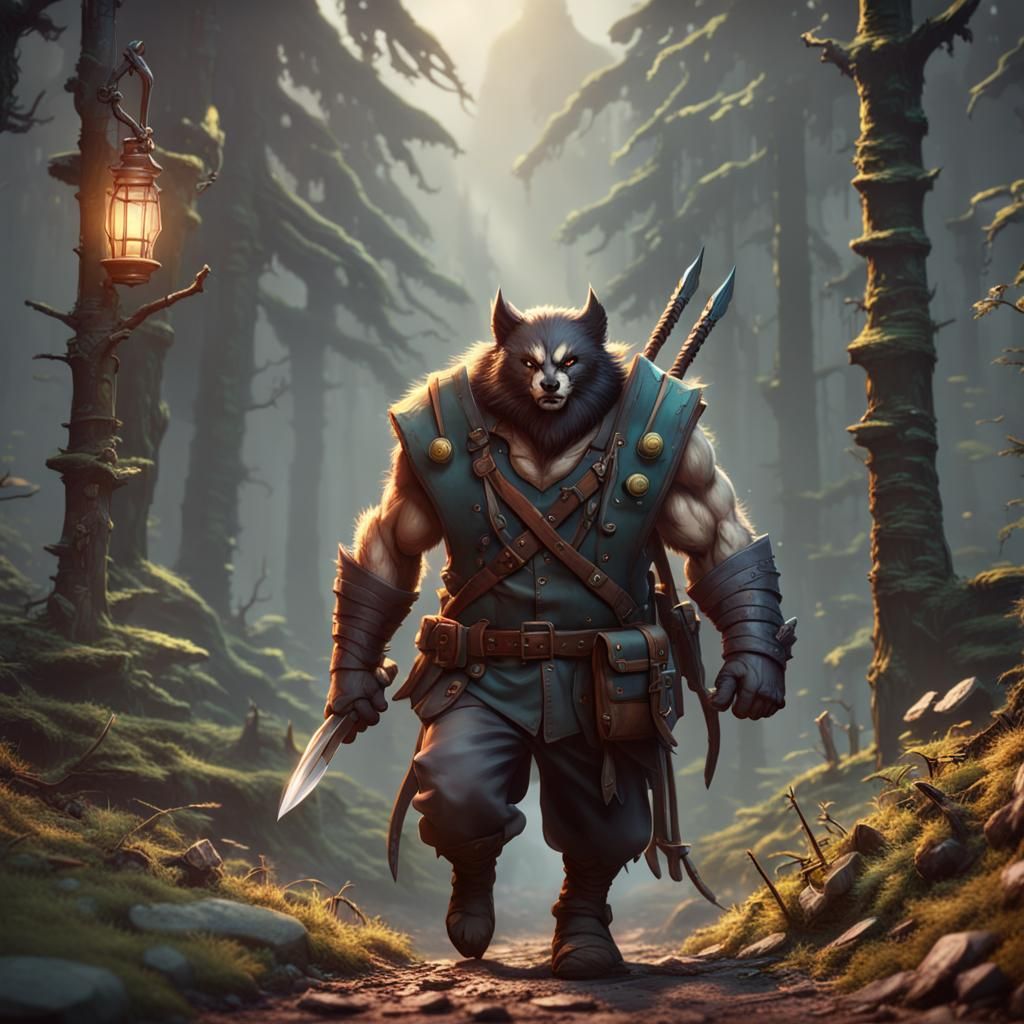 Wolverine Merchant in Dark Forest, Fantasy Concept Art