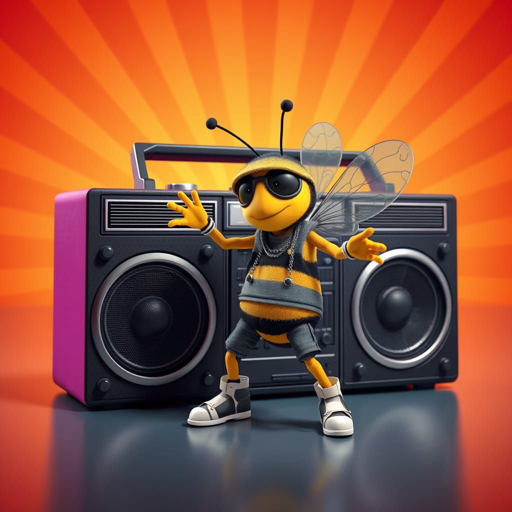 Bee Breakdancer with Boombox: 3D Pixar-style Art
