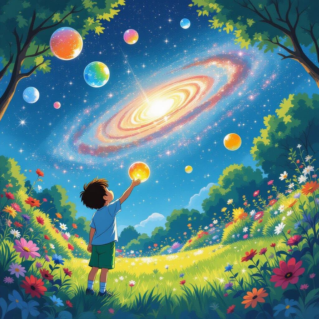 Boy Plays with Glass Galaxies in Miyazaki Garden