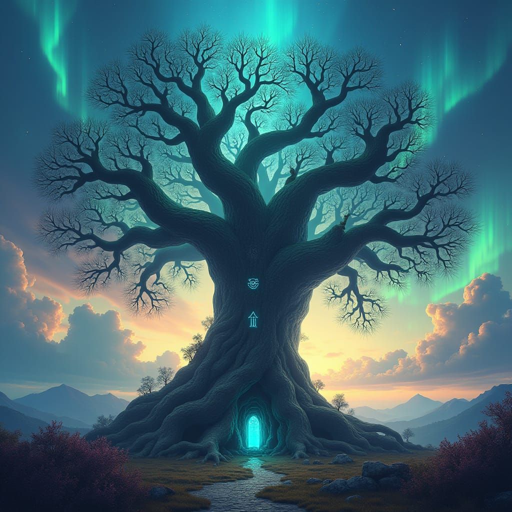 Majestic Mythical Tree with Glowing Runes in Fantasy Style