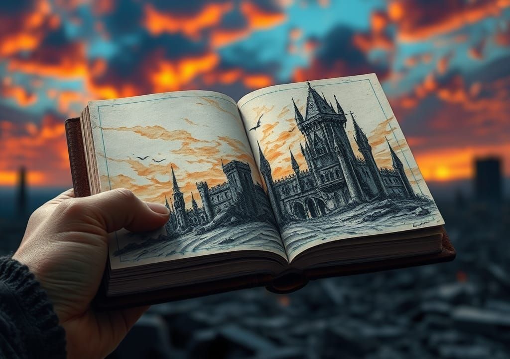 Ruined Black Castle Sketch with Burning Sky