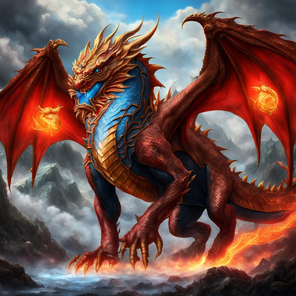 Epic Red and Gold Dragon in Dramatic Digital Painting