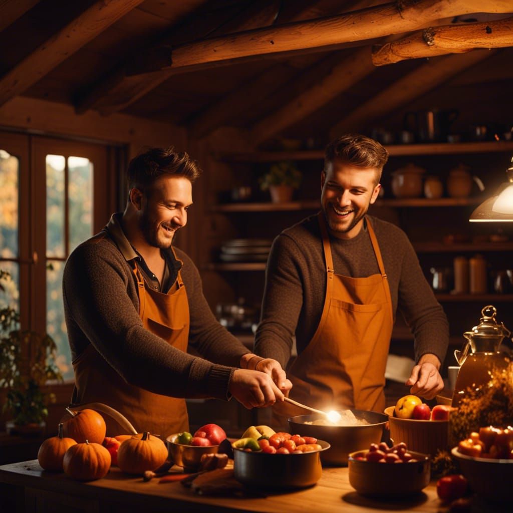 Gay Couple Cooking in Cozy Cottage
