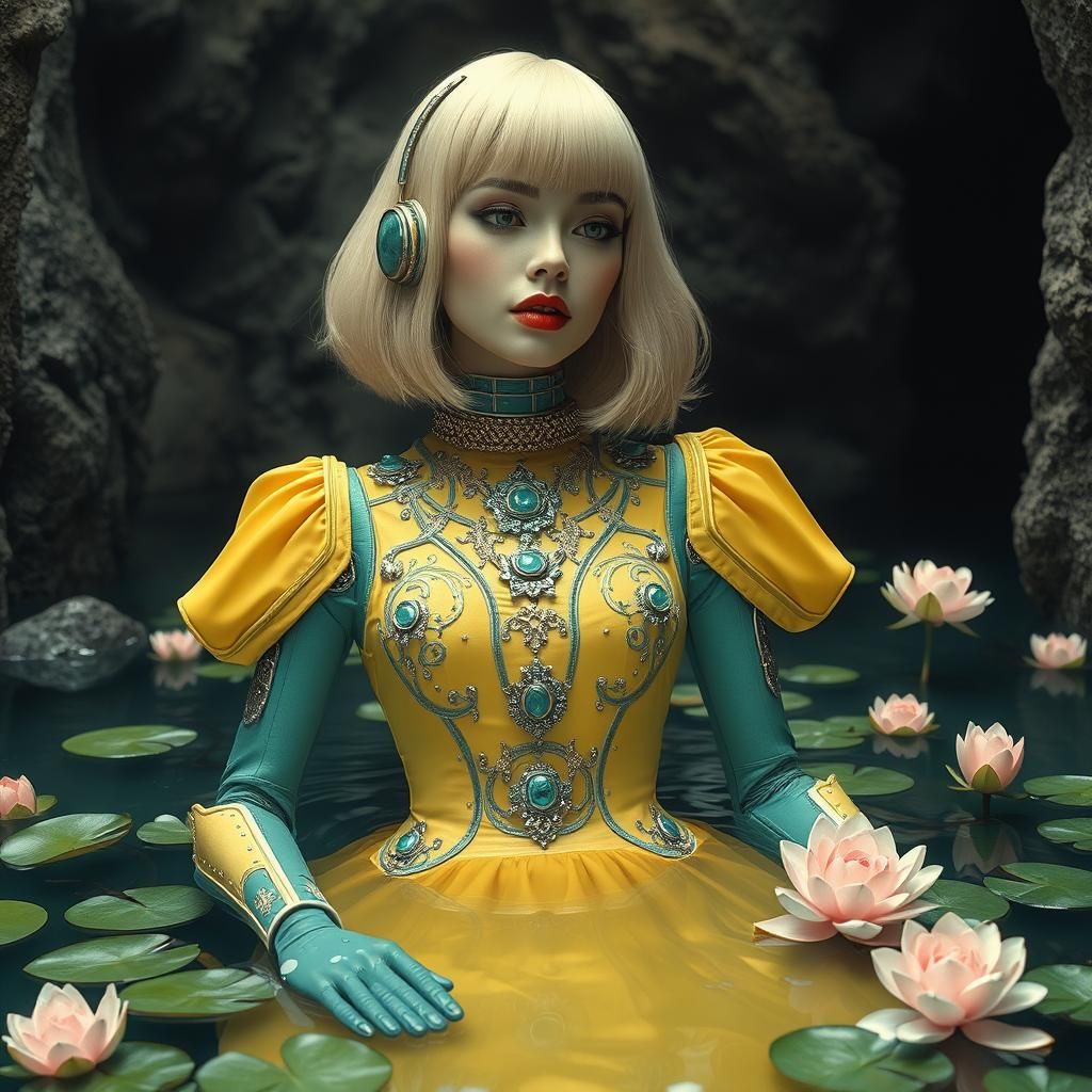 Retro-Futuristic Robot in a Pond, Pre-Raphaelite Style