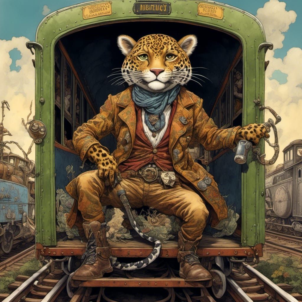 Anthropomorphic Jaguar Hobo Rides the Rails