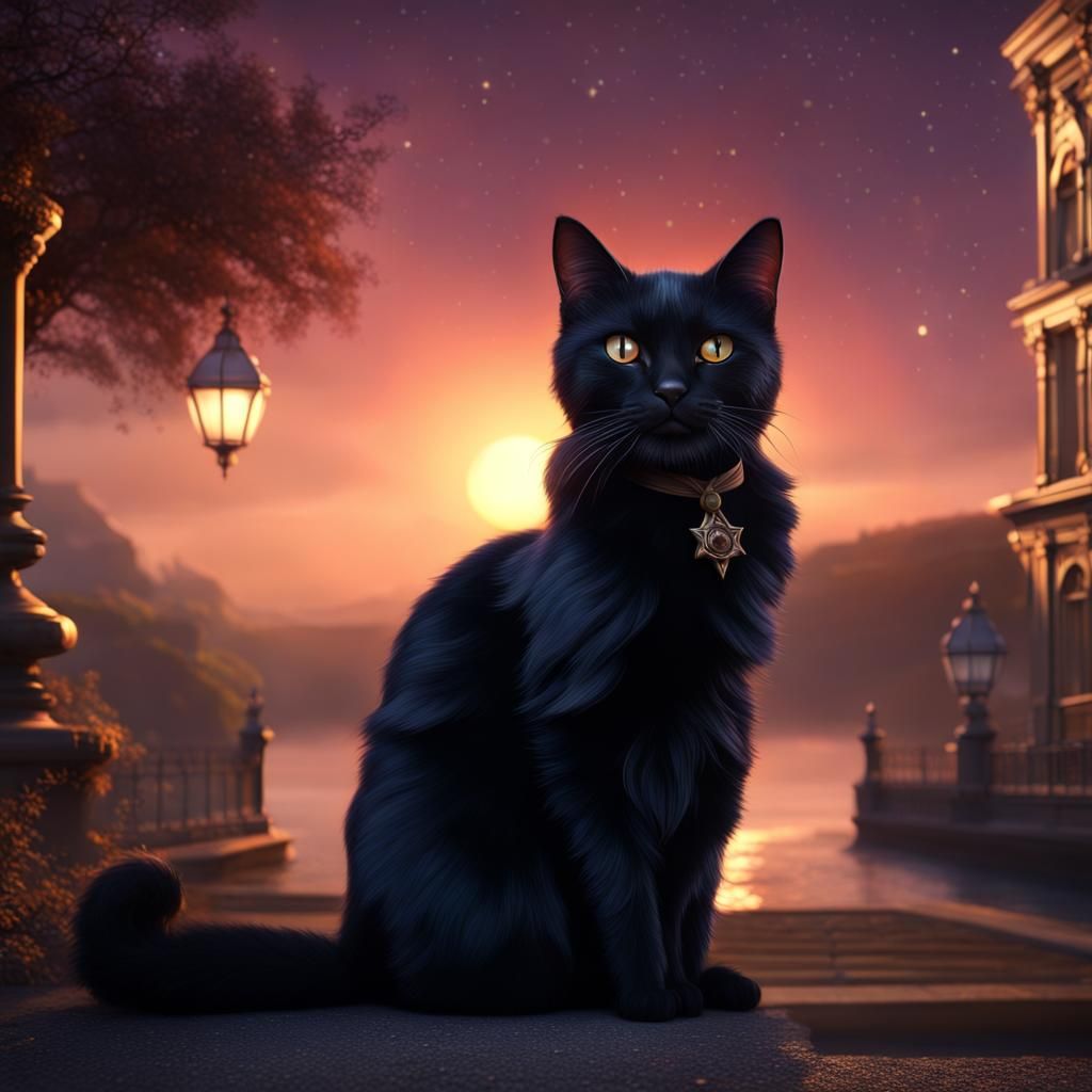 Victorian Black Cat with Starry Eyes