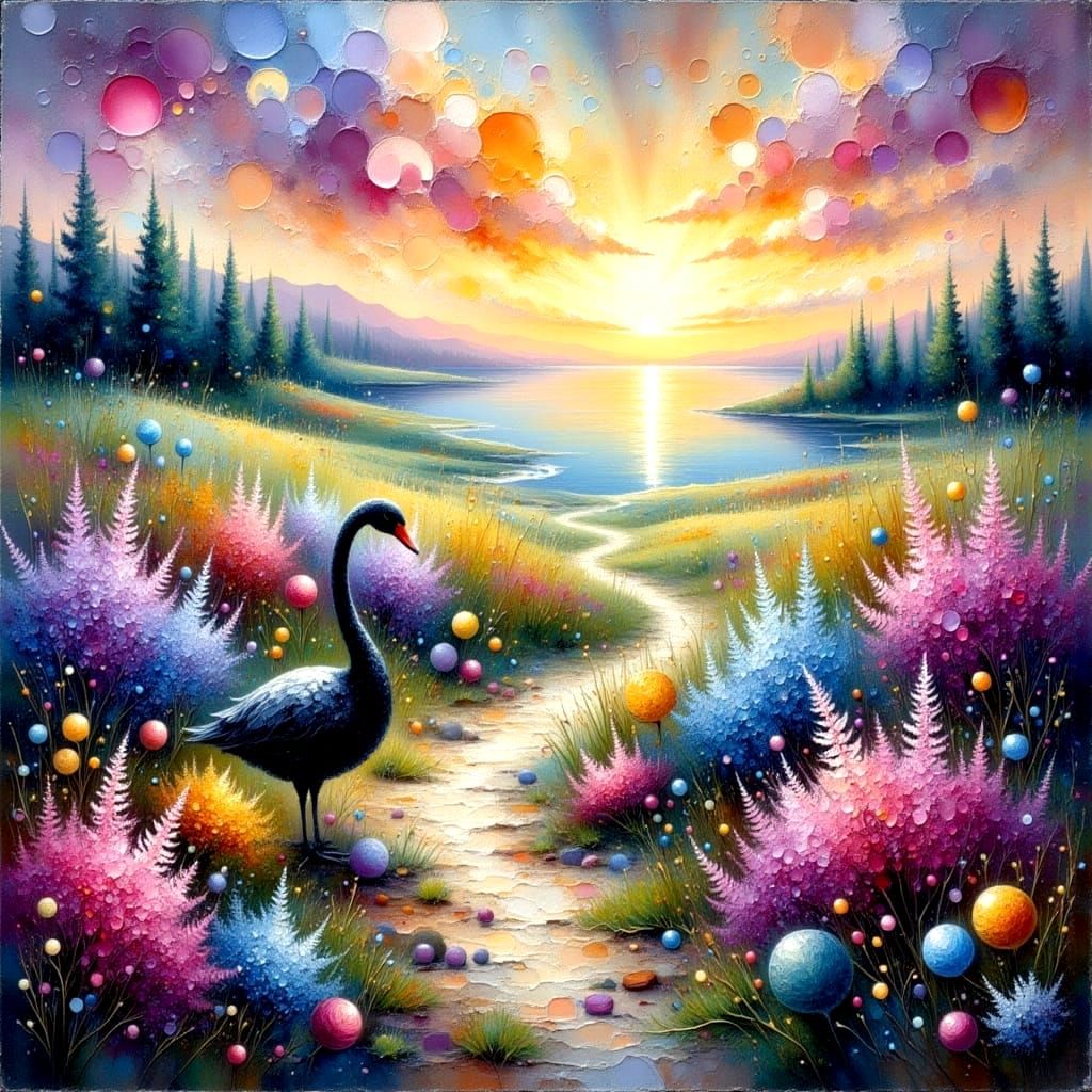 Ethereal Coastal Scene with Black Swan in Vibrant Impasto Oi...