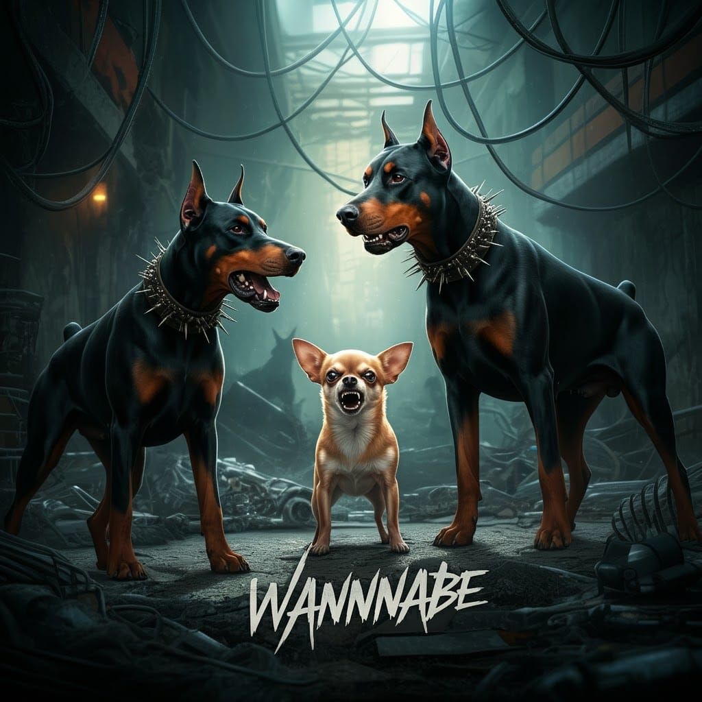 Dobermans Looming Over Chihuahua in Junkyard