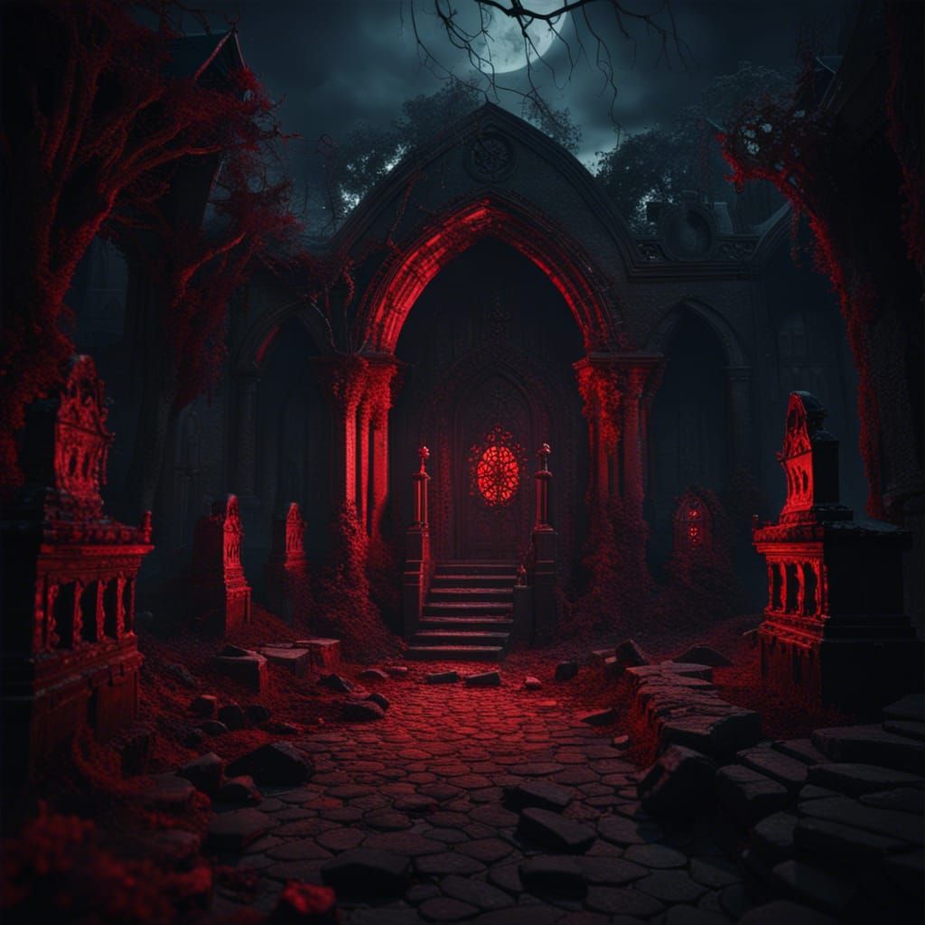 Graveyard Crypt with Gleaming Red Eyes