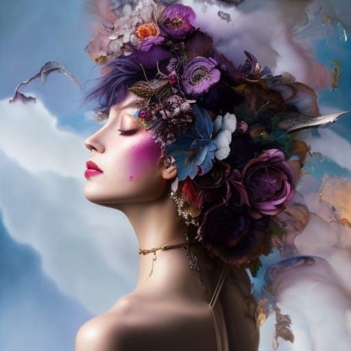 woman made of clouds :: dark background :: by Michael Kaluta, Agnes Cecile, Steve Hanks Lucien Freud, Aleksandr Kuskov, ...