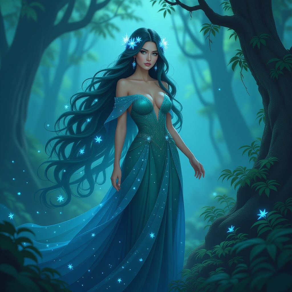 Forest Goddess with Bioluminescent Flowers in Dreamlike Scen...