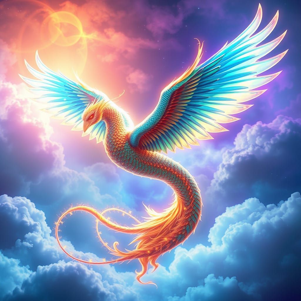 Celestial Phoenix Serpent Angel Ascends in Vibrant Skies
