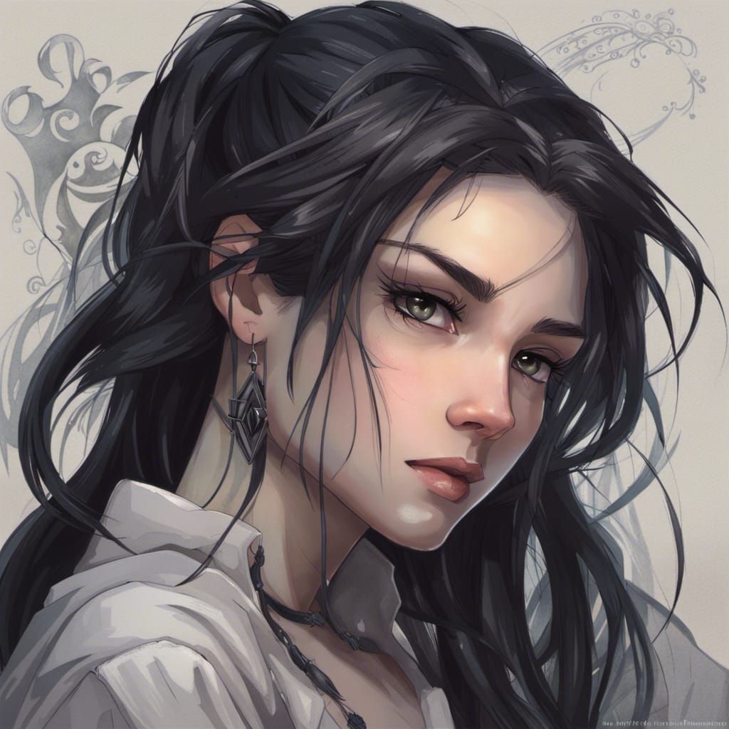 Goth Anime Girl Portrait in Art Nouveau Style