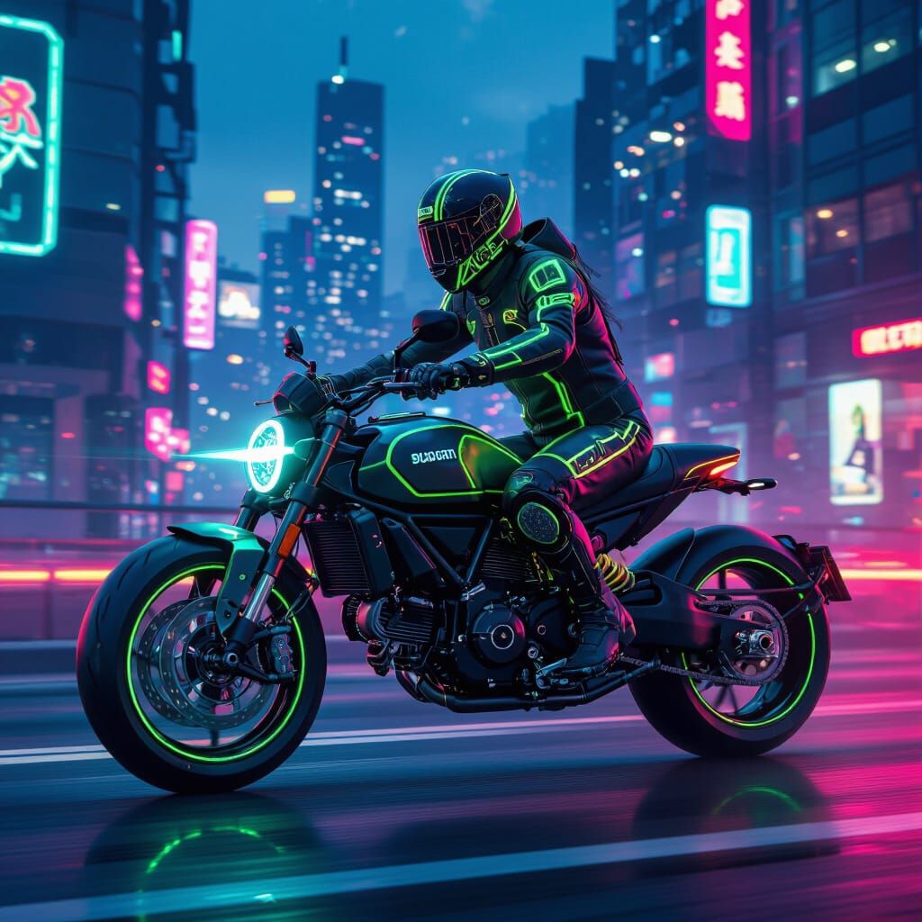 Cyberpunk Rider on Futuristic Ducati Scrambler