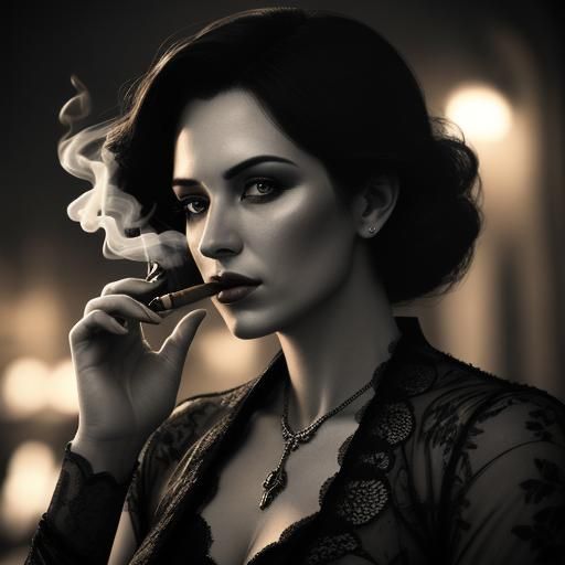 Woman Smoking Cigar in 1930s Style, Hyperrealistic