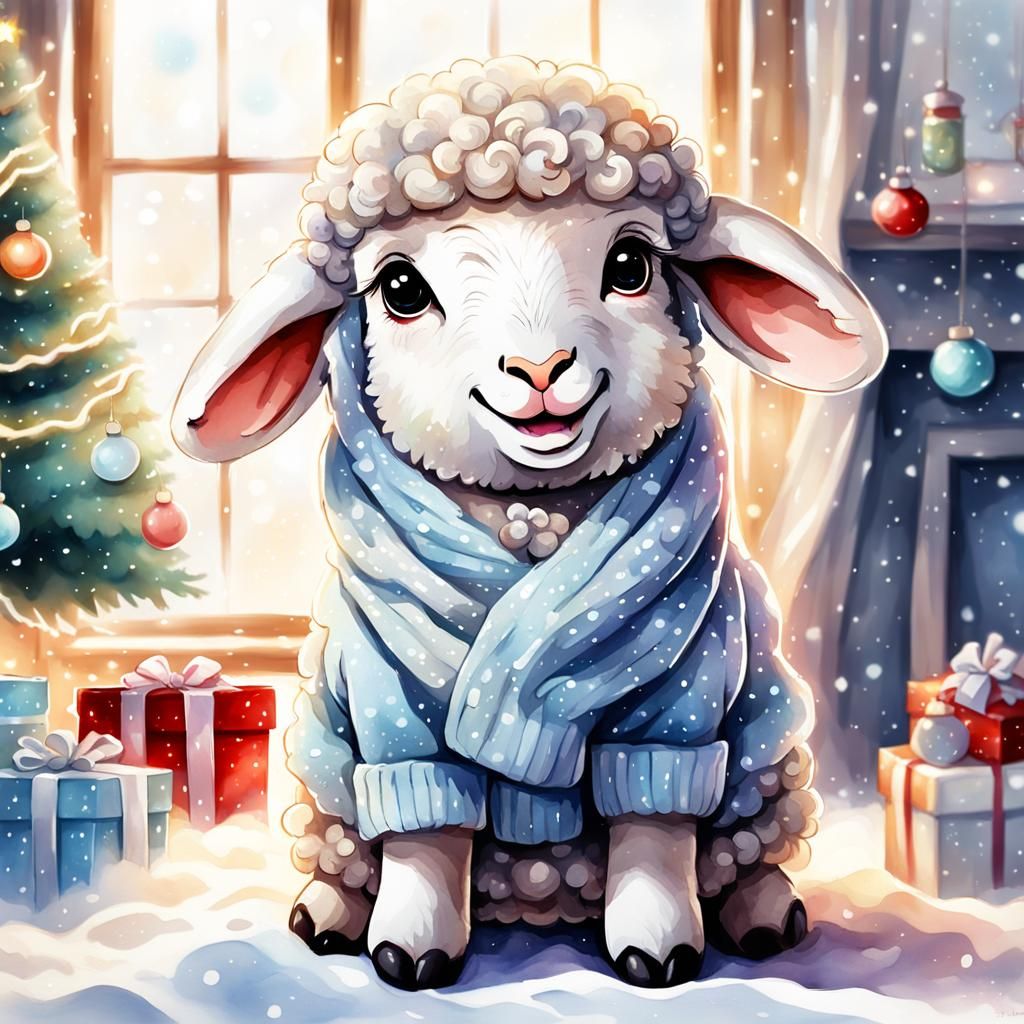 Cute Chibi Sheep Celebrates Christmas in Watercolor