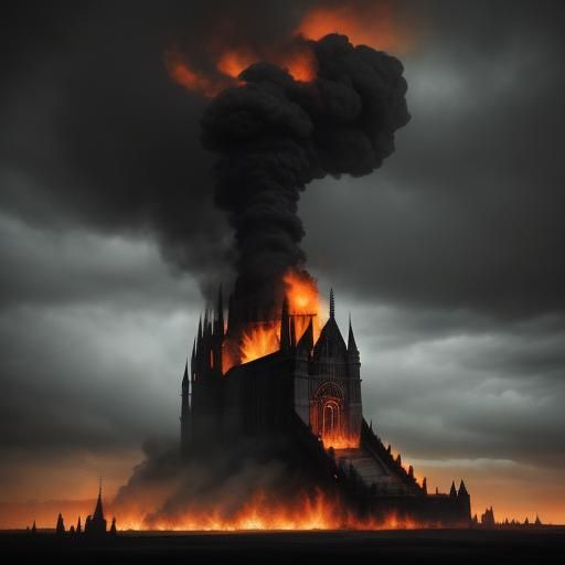 Burning Gothic Church in Apocalyptic Landscape