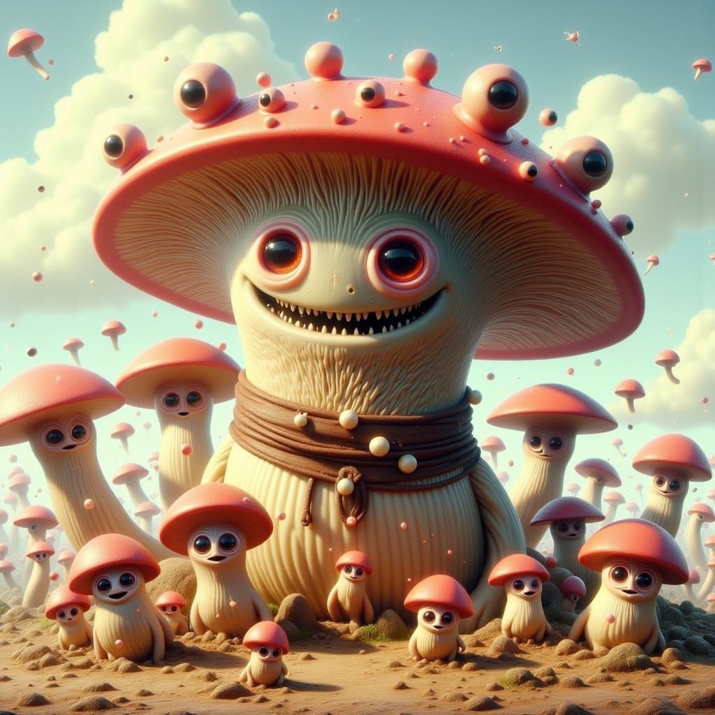 Grumpy Oyster Mushroom Warrior with Creepish Cute Style