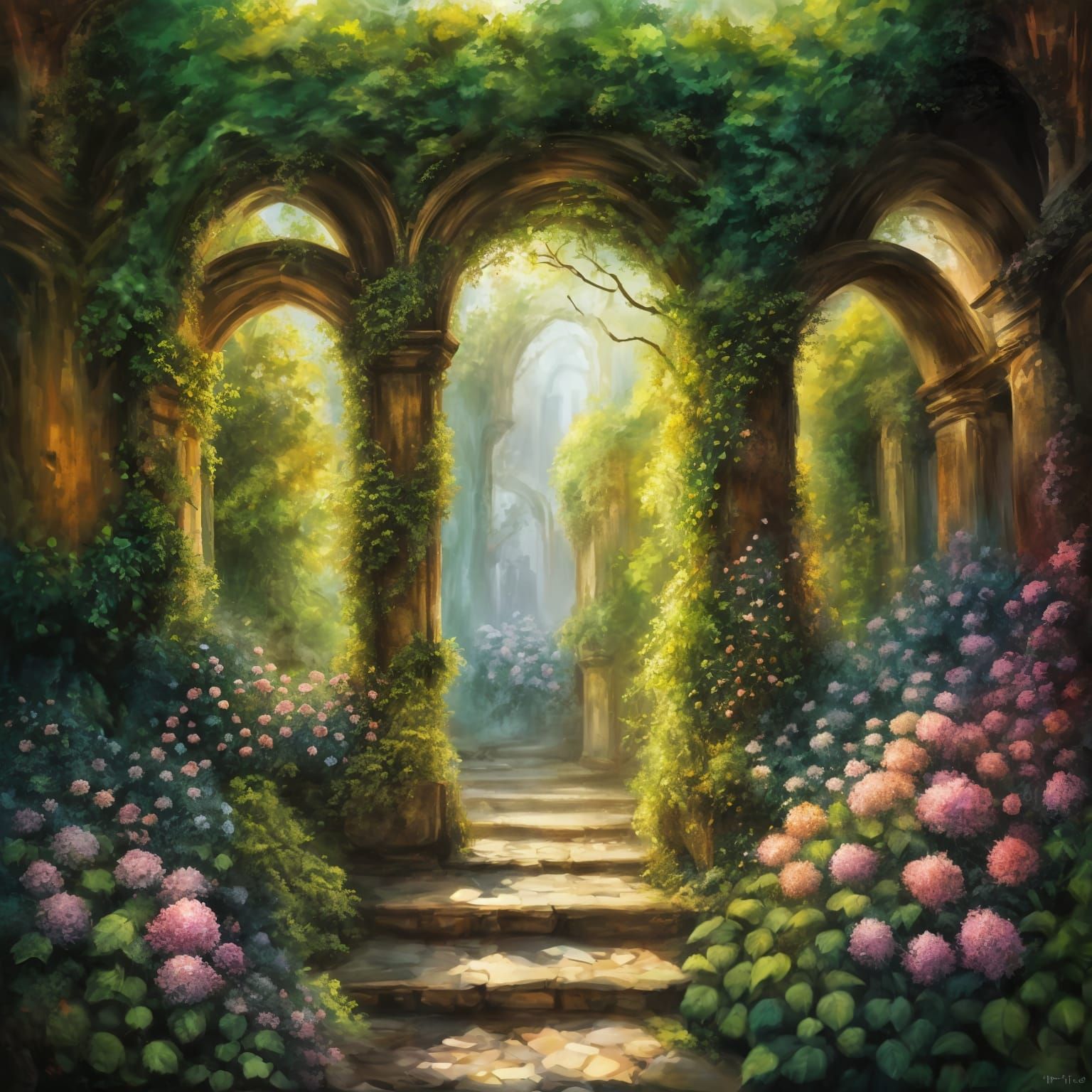 Lush Gothic Castle Interior in Impressionistic Style