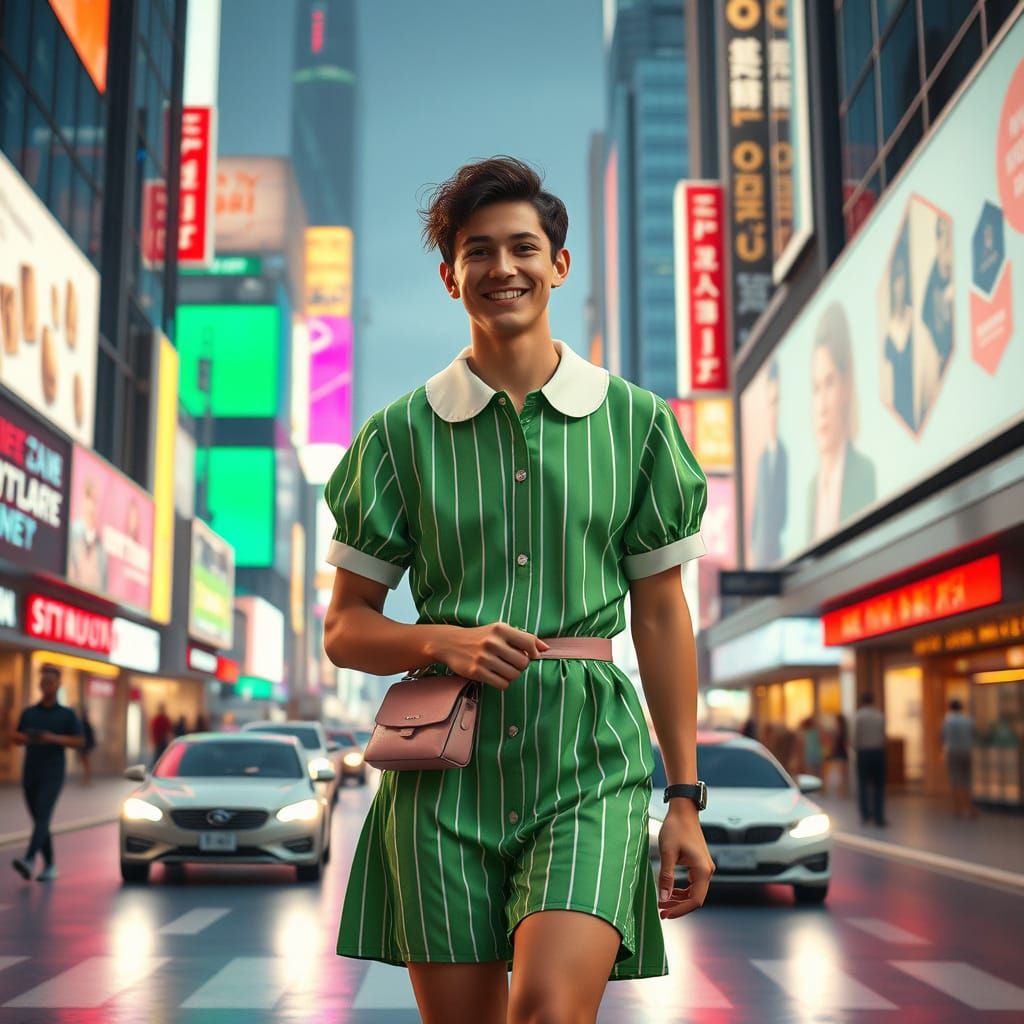 Man in Green Dress Struts Through Future Cityscape