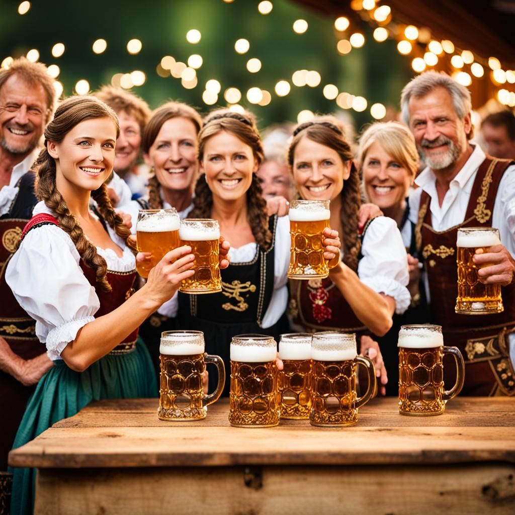 a country gathering of traditional Bavarian townsfolk, large...
