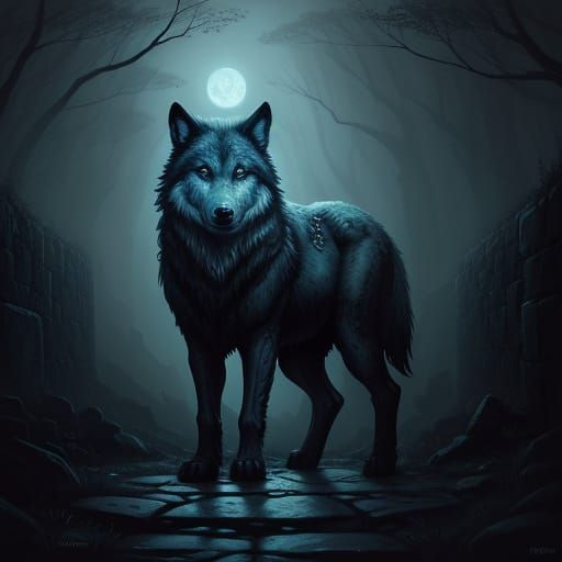 Majestic Wolf with Glowing Runes in Moonlight Alley