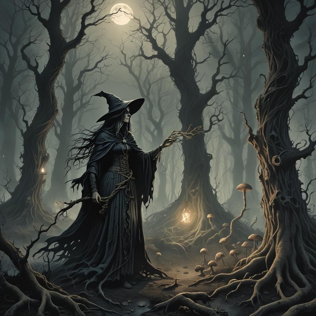 Eerie Witch in Misty Forest, Dark Fantasy Illustration