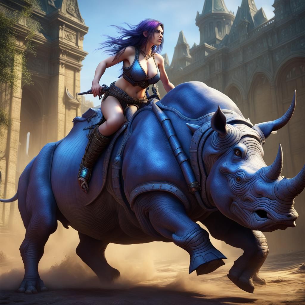 Armored Rhinoceros Rider in Dark Fantasy Style