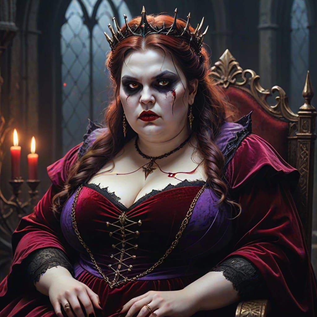 Chubby healthy Rebecca as a vampire queen wearing purple and red with brown hair sitting on her thorn