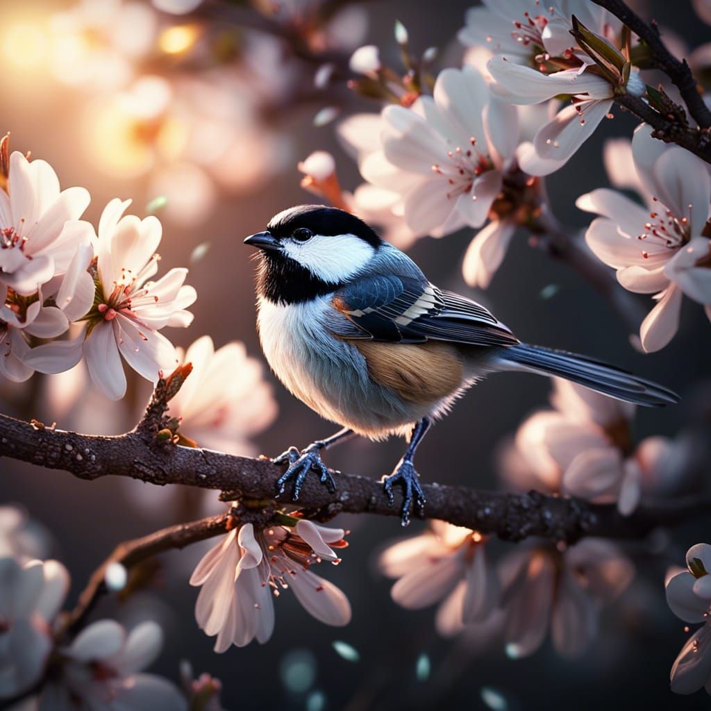 Chickadee on Almond Branch at Night, Hyper-Detailed Photogra...