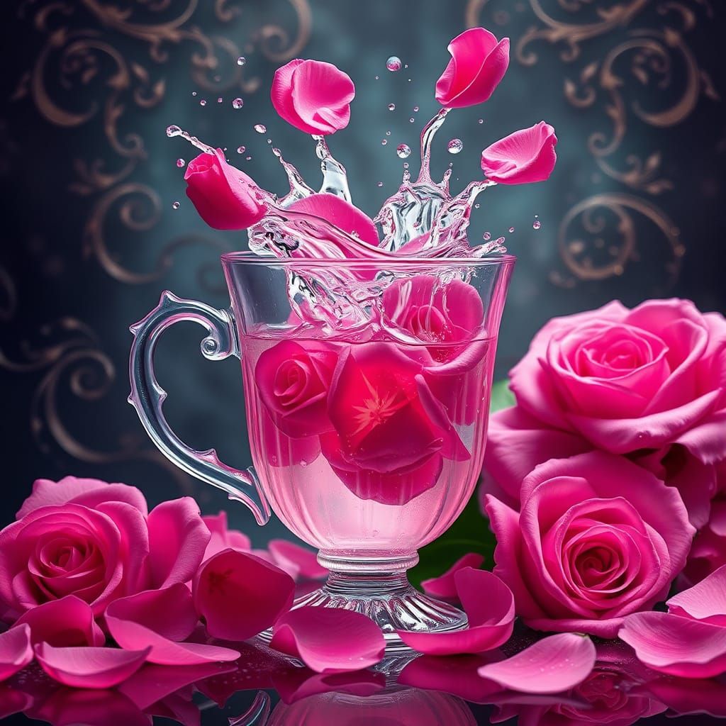 Pink Roses Overflowing Delicate Glass Cup in Fantasy Realm