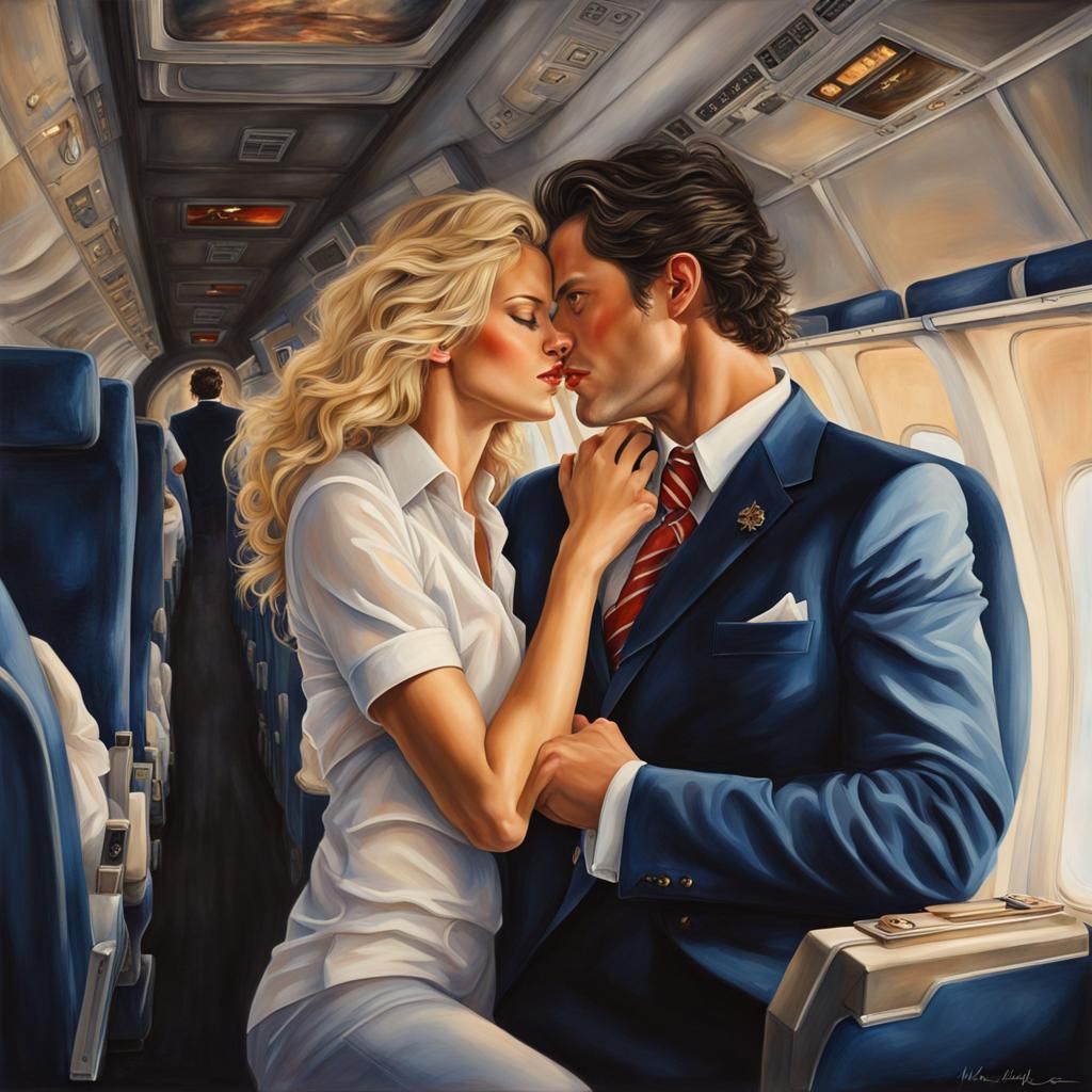 Fantasy Romance: Kiss in Airplane, Gouache Painting