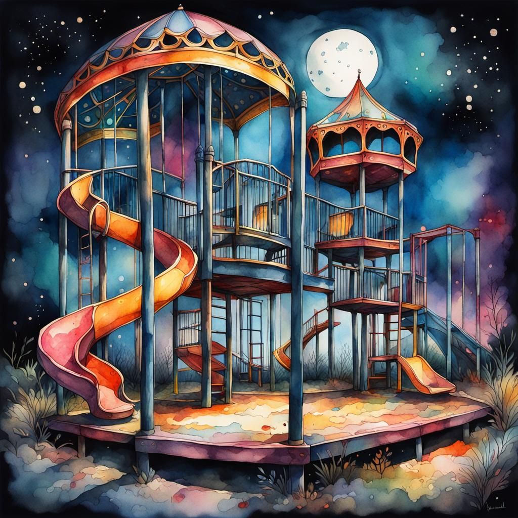 Abandoned Playground at Night: Watercolor and Ink Art