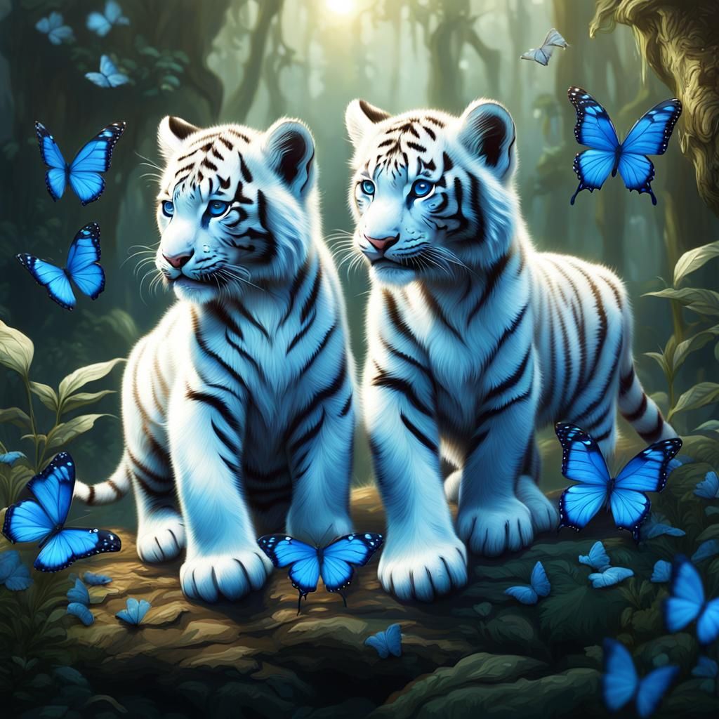 White Tiger Cubs Playing with Blue Butterflies