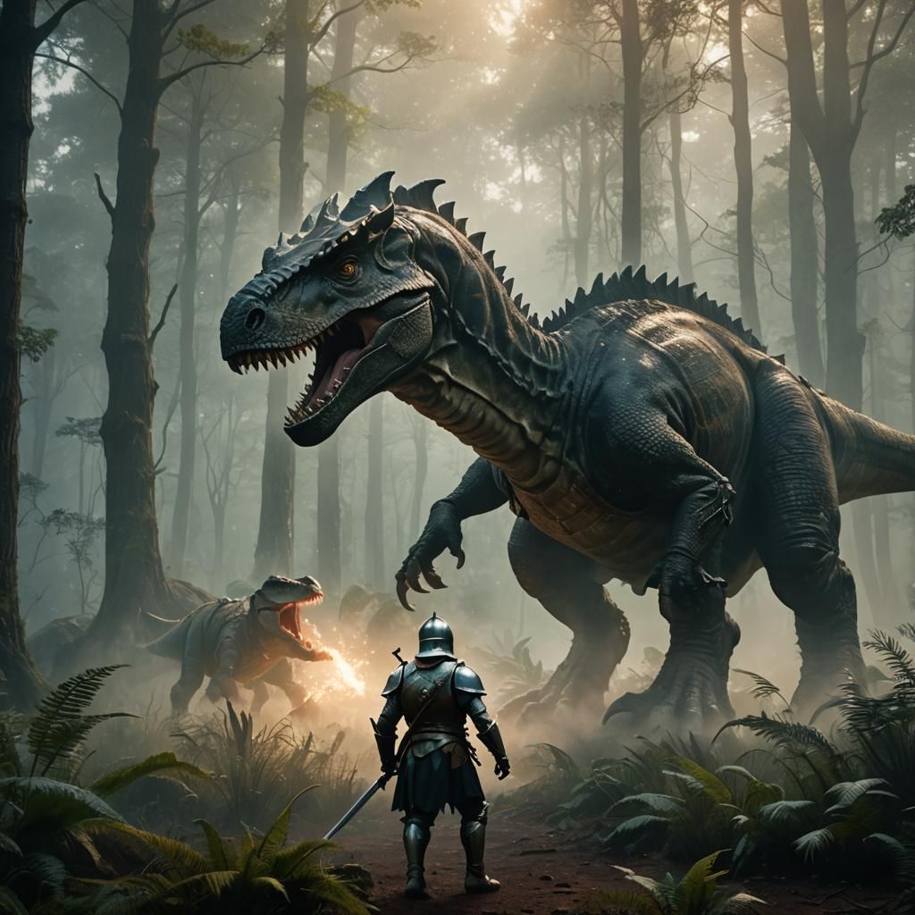 Knight Battles Dinosaur in Dreamlike Forest