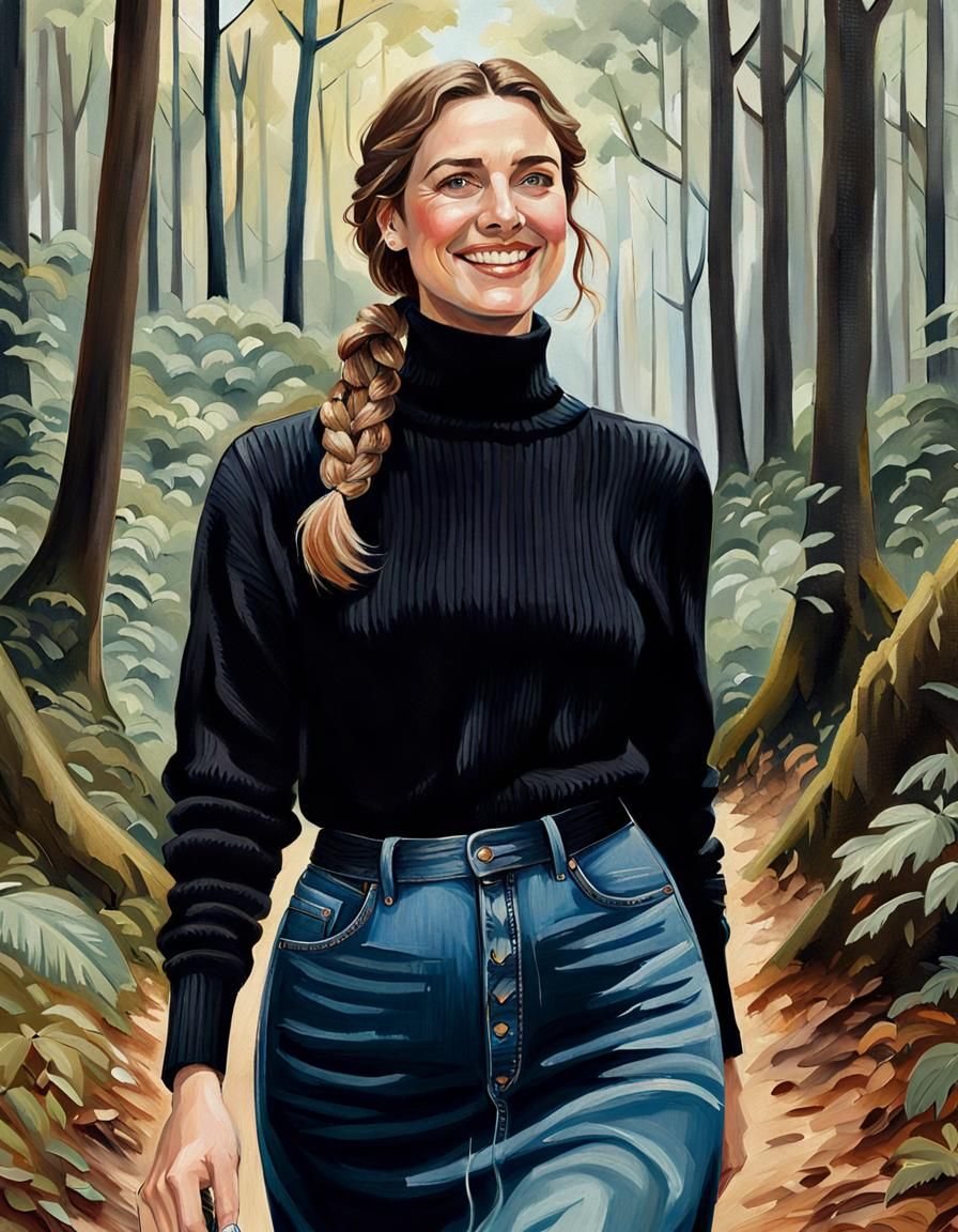 Woman Exploring Forest in Oil Painting Style