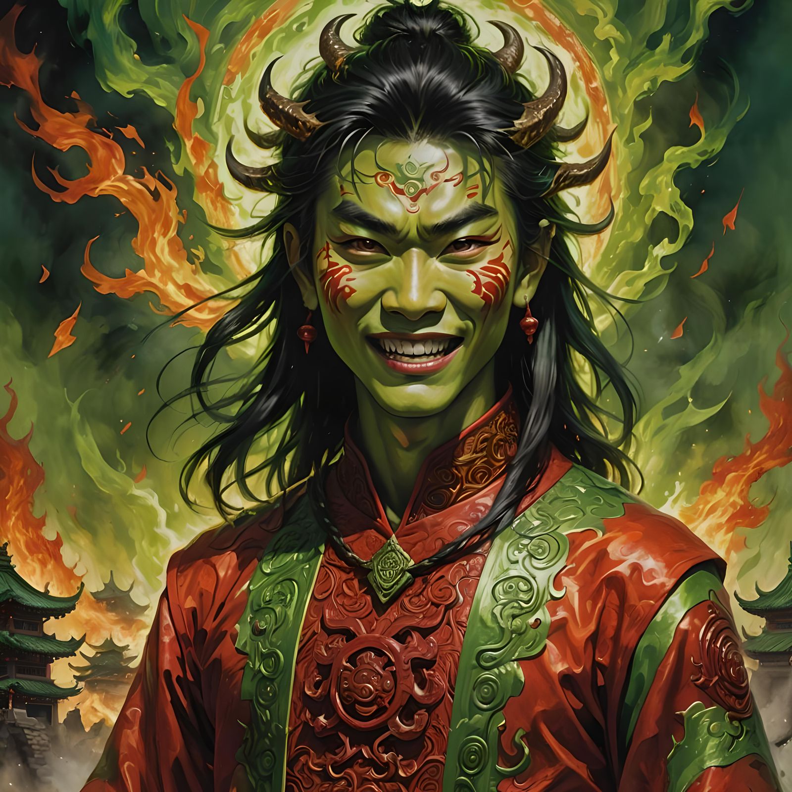 Fierce Young God in Inferno: Digital Painting