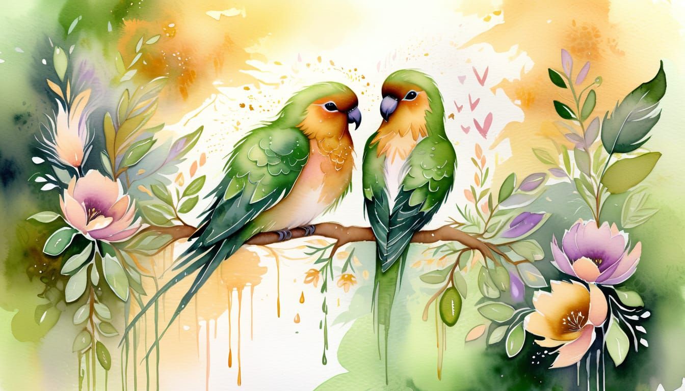 Lovebirds on Garden Wall in Wet-Wash Watercolour