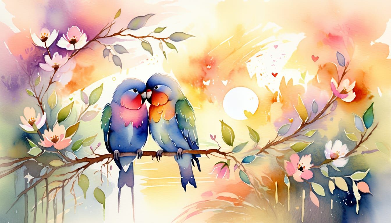 Two Lovebirds Over Garden Wall in Watercolor