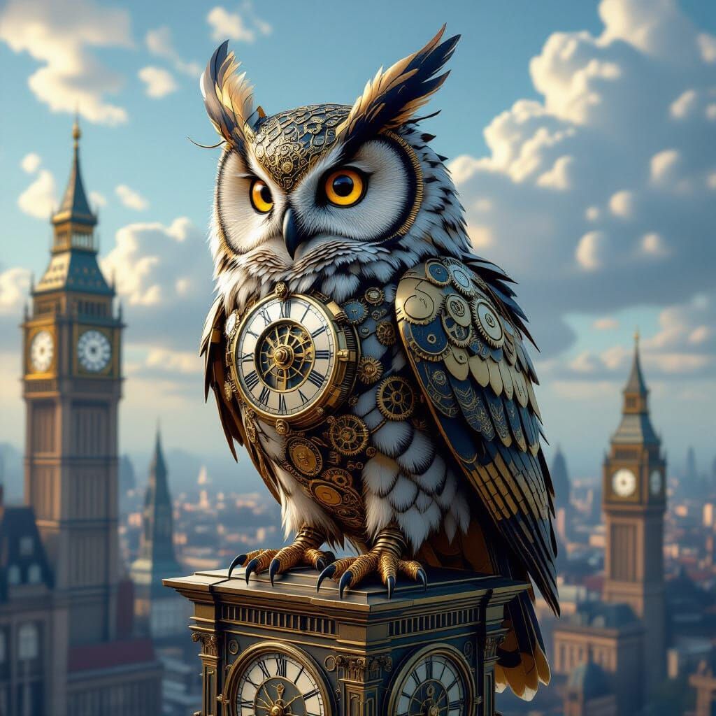 Steampunk Clockwork Owl on Clock Tower