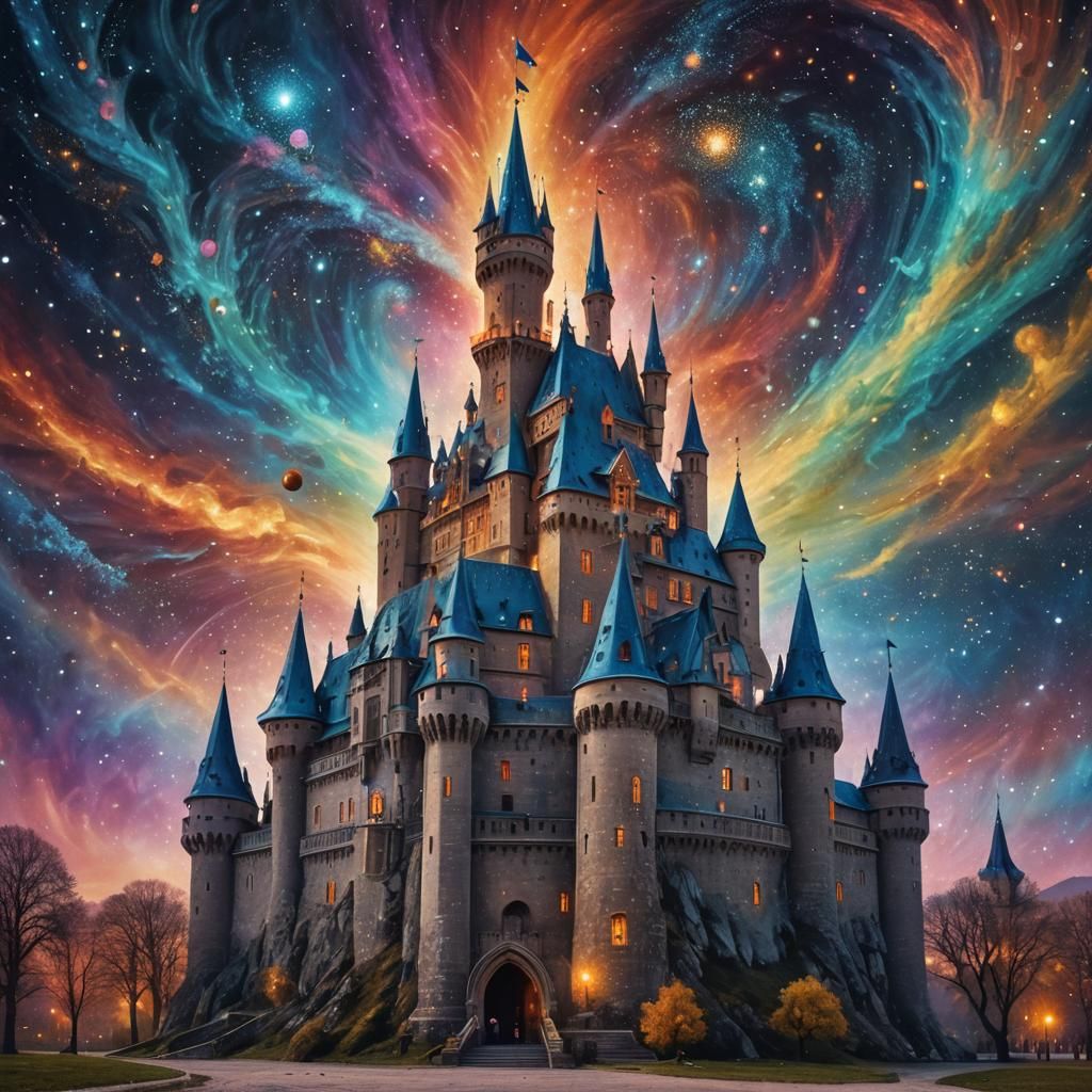 Cosmic Surrealism: Castle of Light in Oil Painting