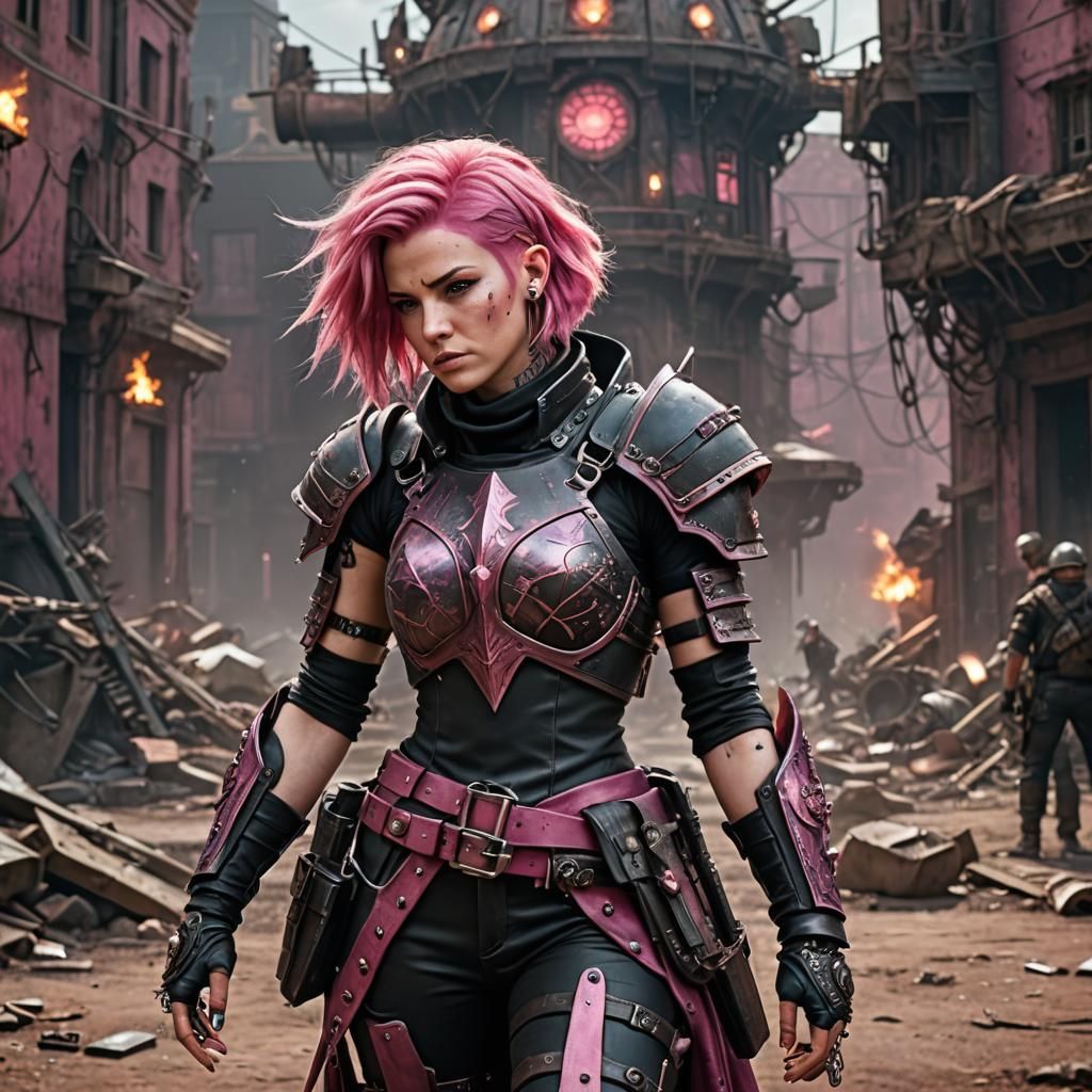 Pink-Haired Pillager in Post-Apocalyptic Armor